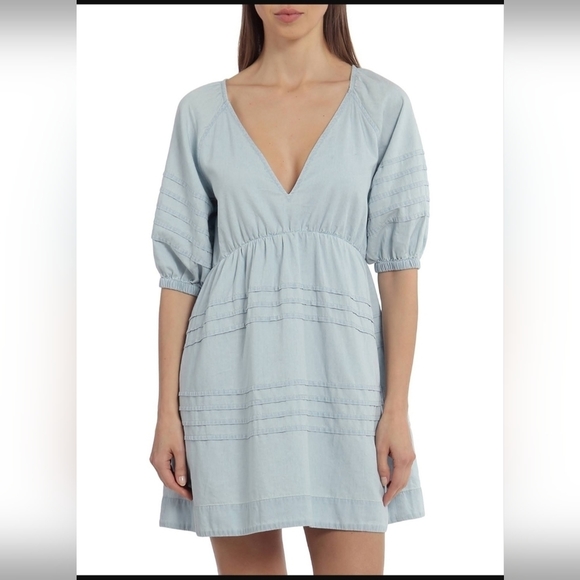 7 For All Mankind Light Wash Denim Back Tie Puff Sleeve Babydoll Mini-Dress - Picture 9 of 10